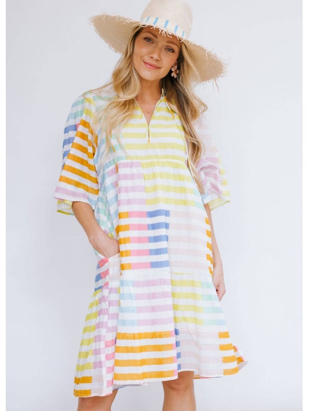 Striped Pastel Split-Neck Women’s Dress - Multi